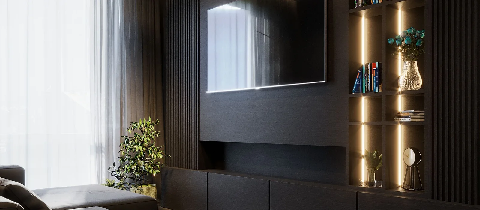 Chambre contemporaine soulignée par des lignes de lumière indirecte